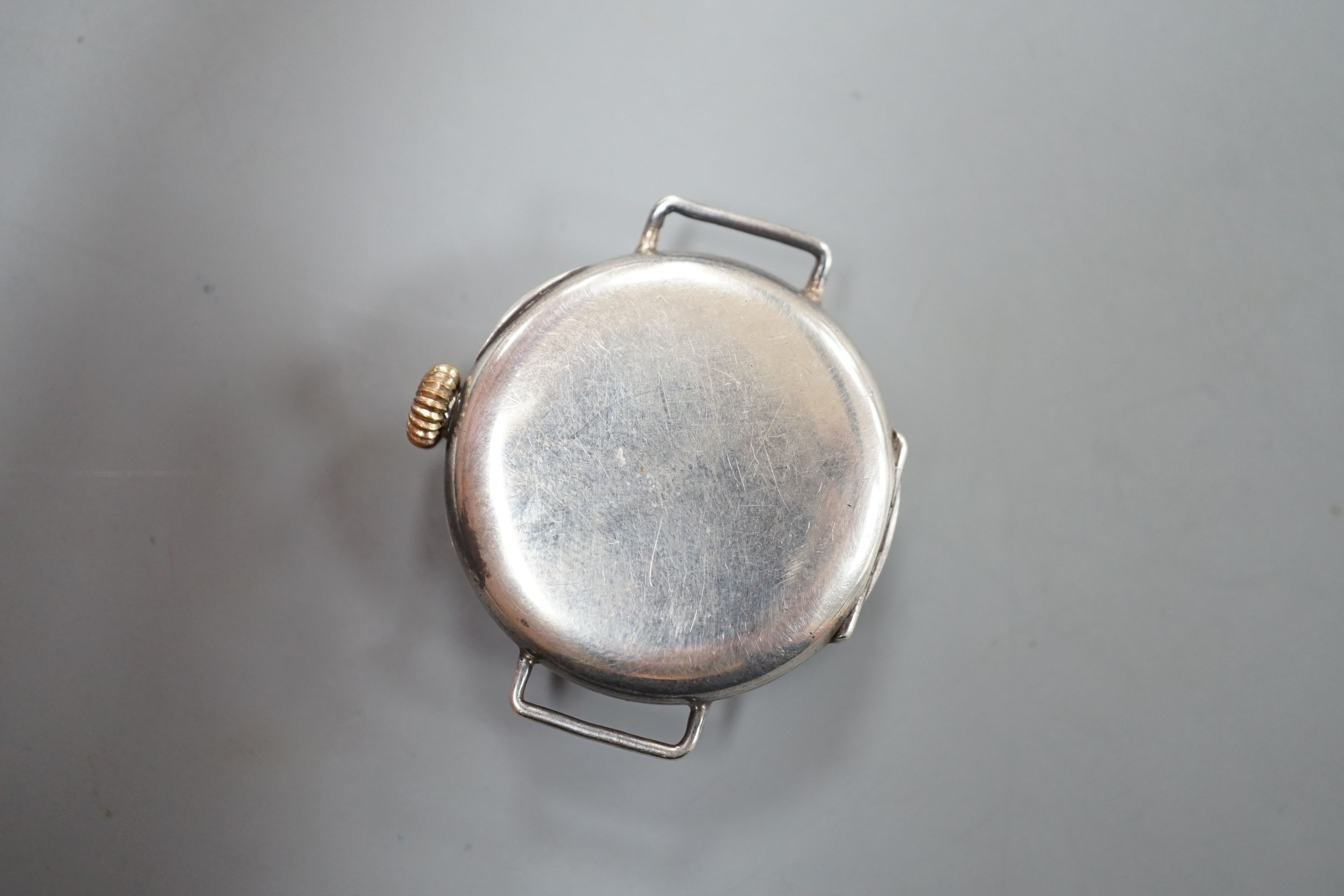 A lady's George V silver manual wind Rolex wrist watch, with Arabic dial, no strap, hallmarked for London, 1916, case diameter 29mm.